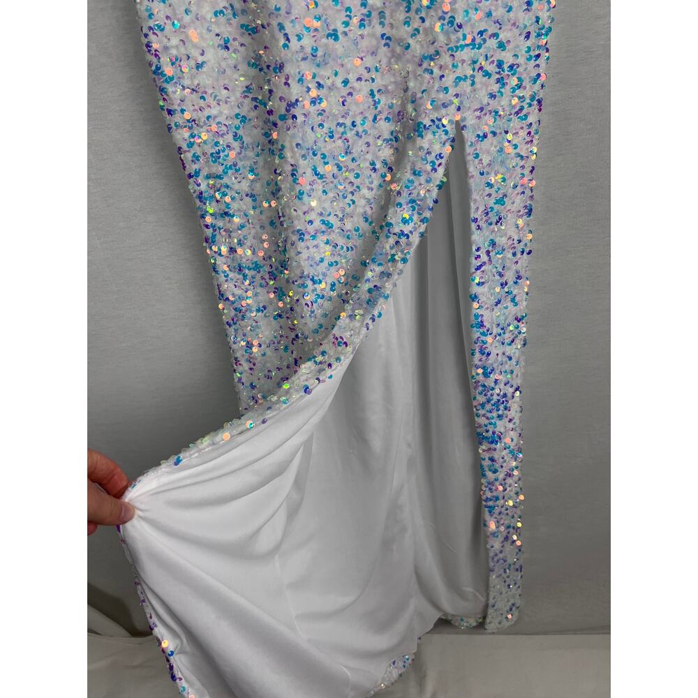 B Smart Maxi Dress White Iridescent Sequin Gown Formal Bachelorette Party Glam - Picture 6 of 7